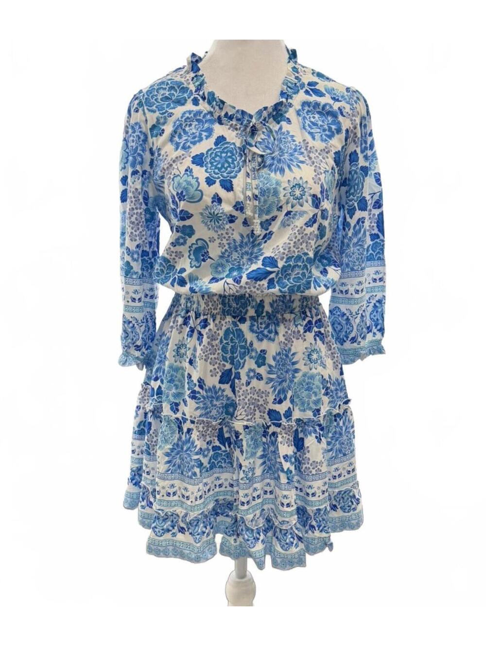 Walker & Wade Dress Cobalt Floral Blue Smocked Waist Mini Boho Rayon Size XS